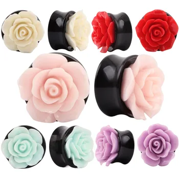 1 Par Vintage Rosa Flor de Acrílico Ouvido Expansor de Medidores 8-25mm Carne Plug de Ouvido Túnel 5 Mix de Cores Jóia Piercing do Corpo