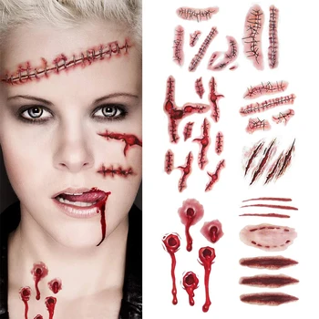 6Pcs Halloween Sangrenta Ferida Tatuagem Adesivos Truque Assustador Impermeável Tatuagem Temporária DIY Fake Tattoos Festa de Halloween Decoração