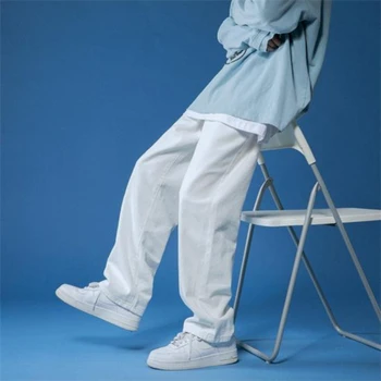 Calça Jeans reta Homens Outono Branco/preto coreano Homem Solta Denim, Calças de Streetwear Masculino Casual Calças dos Homens de Cor Sólida Grande Jeans