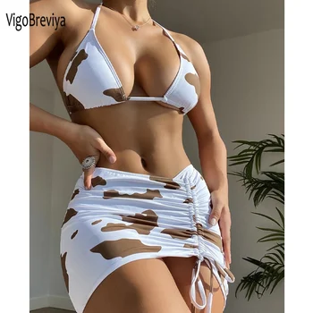 VigoBreviya Sexy Imprimir Halter 3PCS Saia do Biquini moda praia as Mulheres 2022 Cintura Alta Corte de fio dental Maiô de roupa de Banho sem encosto
